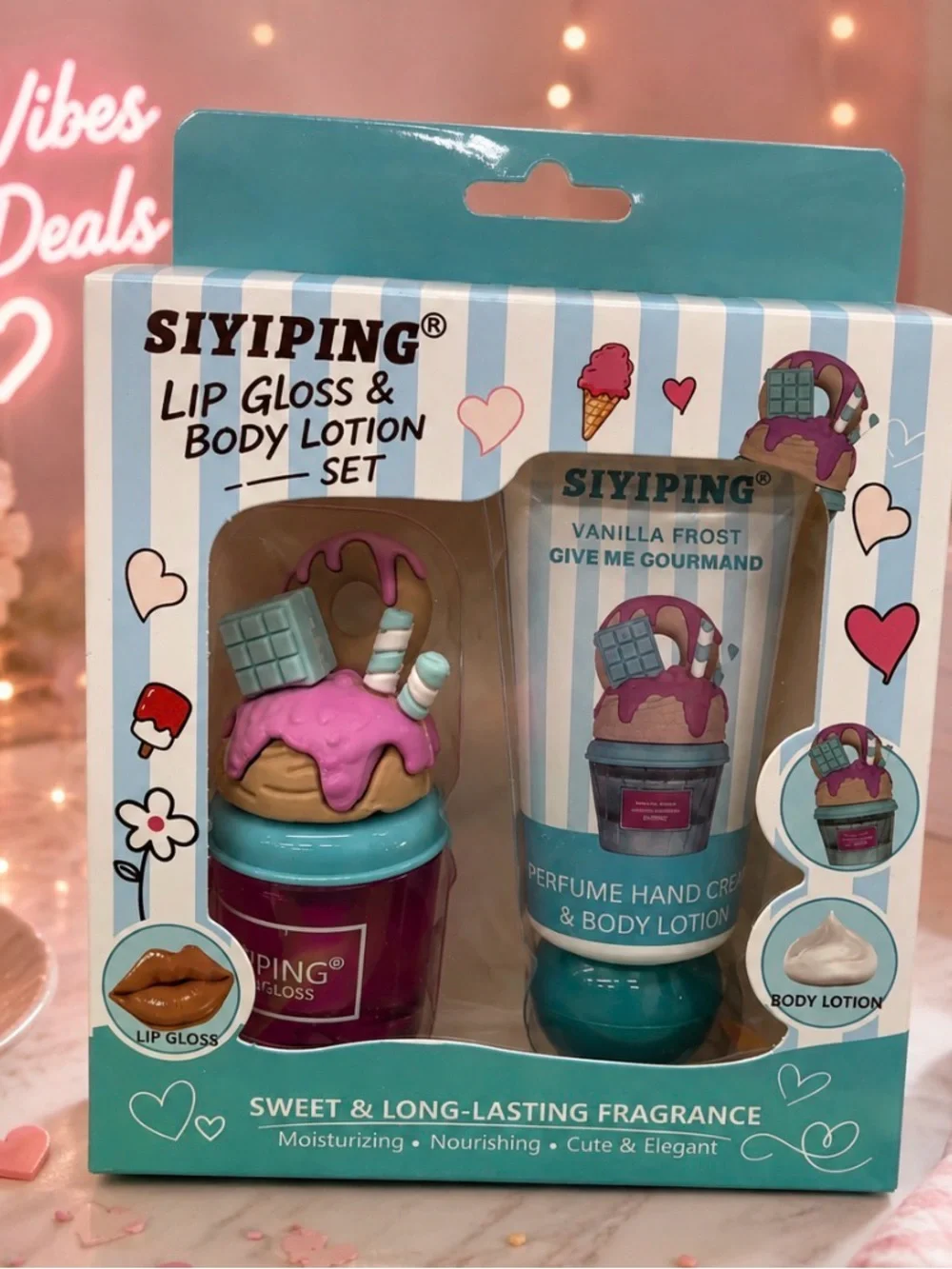 Vanilla Frost Lip Gloss & Body Lotion Set - Pink/Turquoise
